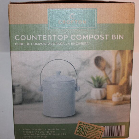 Crofton Blue Heavy Stoneware Countertop Compost Bin w/Lid and Handle New in Box - Picture 5 of 7